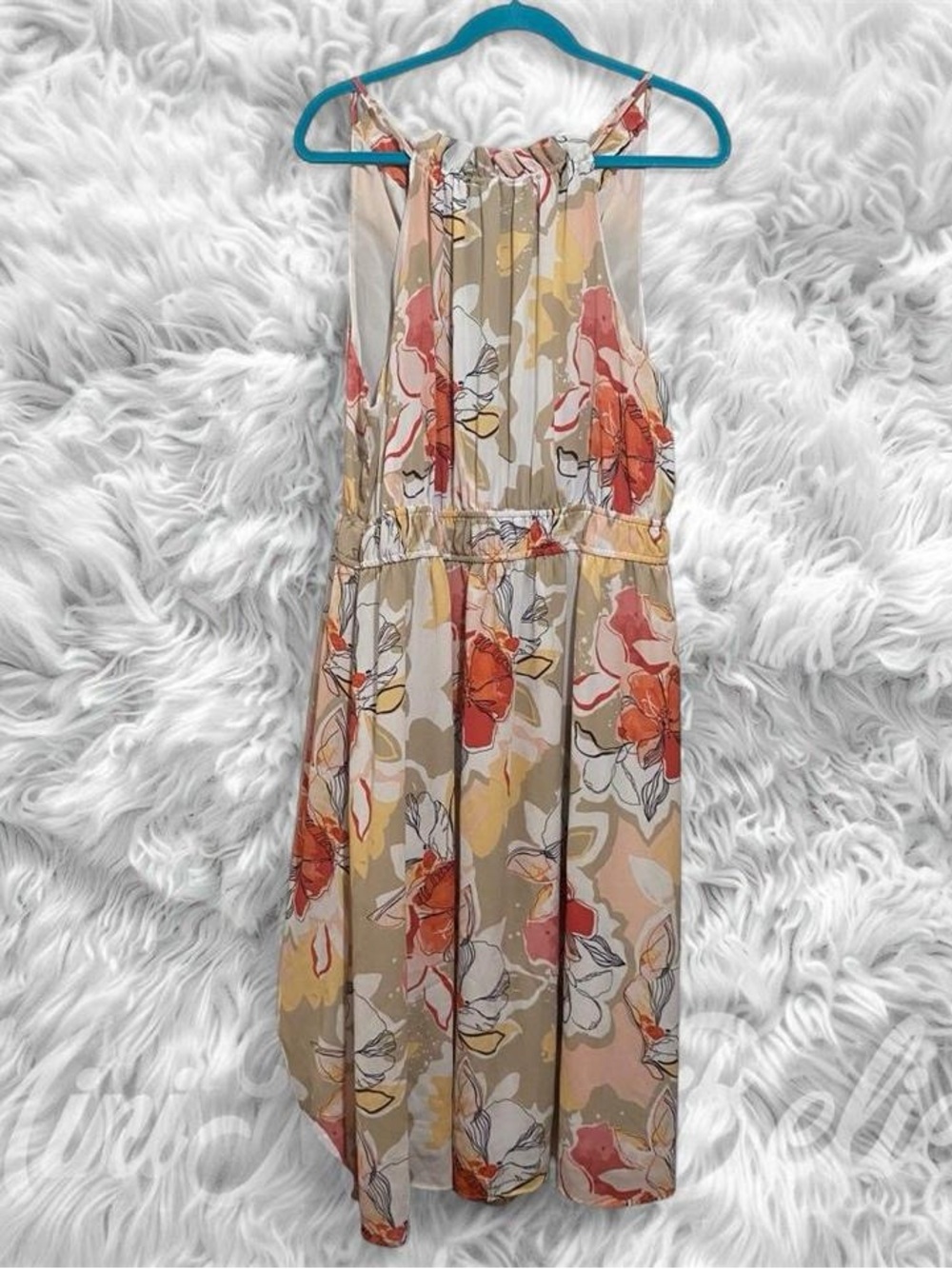 Floral Halter Midi Dress in Beige and Coral